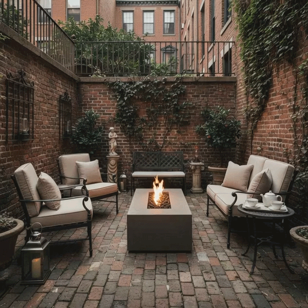 A brick-walled courtyard between historic row houses features a taupe rectangular concrete fire pit blazing gently in the middle of cushioned wrought-iron chairs and loveseats arranged on weathered brick pavers, with lanterns, potted greenery, and classical statues framing the scene, presenting a patio fire pit that feels like a rustic fire pit and intimate concrete fire pit designed for relaxed outdoor entertaining in a hidden city garden.