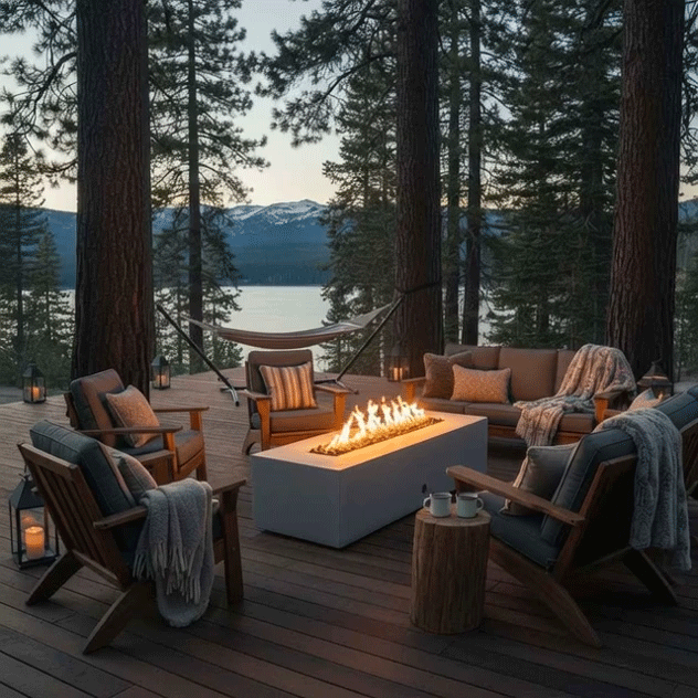 On a raised deck nestled among tall pines above a calm lake, a white rectangular concrete fire pit burns with a bright linear flame at the center of wooden lounge chairs and a sofa layered with blankets and pillows, lanterns glowing at the edges and a hammock hanging between trees behind, creating an outdoor fire pit that feels like a cozy backyard fire pit and natural family gathering fire pit in the forest at dusk.