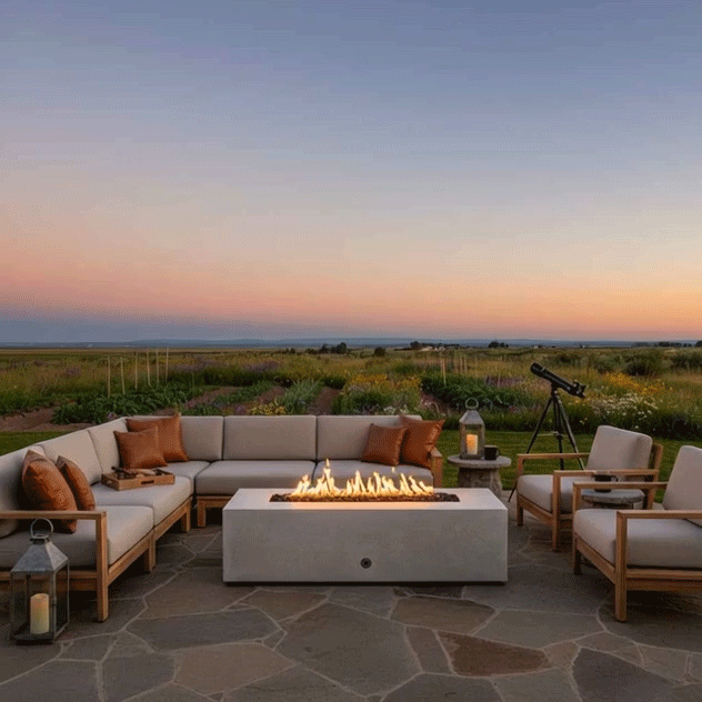 On a broad flagstone terrace surrounded by wildflower beds and open fields, a white rectangular concrete fire pit glows with a steady linear flame at the center of an L-shaped sectional and armchairs, lanterns resting on nearby tables and a telescope aimed toward the fading sunset sky, depicting an outdoor fire pit styled as a modern fire pit and spacious family gathering fire pit for evenings spent under the changing colors of the horizon.