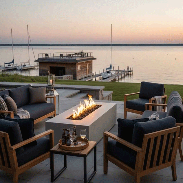 On a stone terrace overlooking a calm lake and small marina at sunset, a pale concrete fire pit burns between four dark-cushioned wooden lounge chairs, its long rectangular trough packed with lava rocks and a bright line of flames, turning this concrete fire pit into an inviting outdoor fire pit and rectangular fire pit focal point for relaxed outdoor entertaining with drinks set on small side tables around the seating circle.