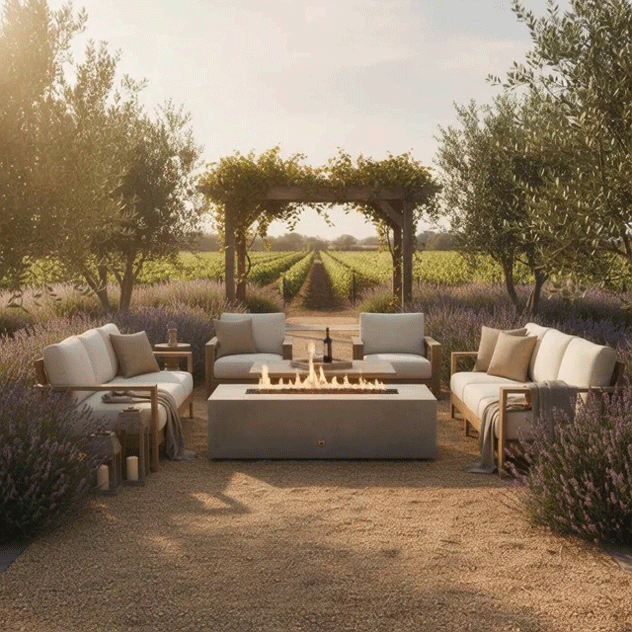In the middle of a gravel seating area framed by rows of lavender and olive trees, a pale concrete fire pit glows with a steady linear flame, its rectangular opening filled with dark stones while neutral sofas and armchairs face one another beneath the hazy afternoon sun, creating an outdoor fire pit scene where the simple rectangular fire pit anchors a serene concrete fire pit lounge that feels like a tucked-away backyard oasis beside the vineyards.
