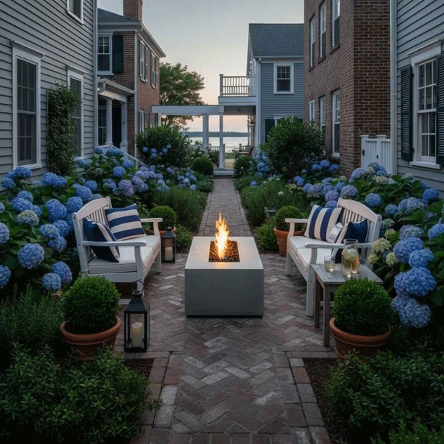A small white concrete fire pit flickers at the center of a brick herringbone path between coastal-style houses, its compact rectangular opening filled with dark rocks and a vertical flame, while white benches with navy striped pillows, potted boxwoods, lanterns, and blooming blue hydrangeas line the walkway, forming a patio fire pit that functions as a cozy backyard fire pit and intimate family gathering fire pit with a glimpse of water beyond.