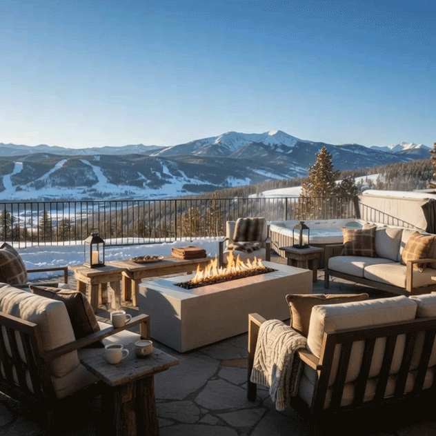 A spacious stone patio overlooks snowy mountain slopes while a rectangular concrete fire pit burns at the center of a circle of wood-framed chairs and sofas, its continuous ribbon of flame lifting above dark rocks next to lanterns, mugs, and folded blankets, creating an outdoor fire pit scene that feels like a warm concrete rectangular gathering spot where friends or family can linger together in the crisp alpine air.