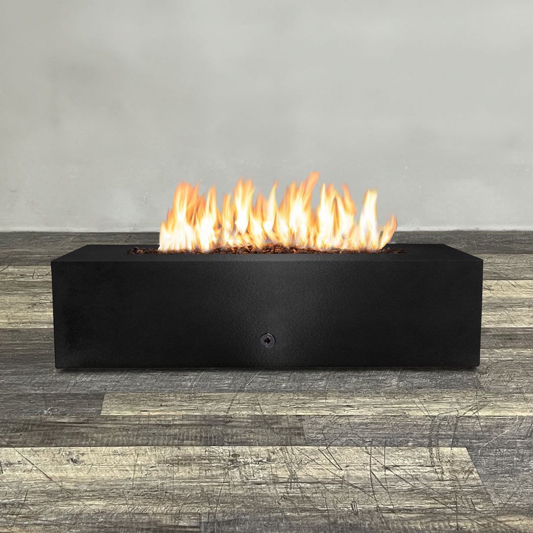 Front view of 60" x 32" Rectangle Gravity Powder Coated Steel Fire Pit - Propane Gas Hardline - Push Button Spark Ignition - Black Hammertone by Starfire Designs - Brown with flames on, featuring sleek modern concrete design and durable construction, perfect for outdoor patio spaces. Natural gas or propane compatible, enhancing warmth and ambiance. Lava rocks included for added aesthetic.