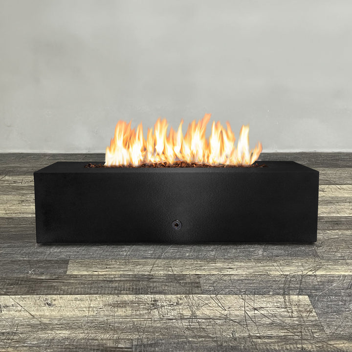 Front view of 60" x 32" Rectangle Gravity Powder Coated Steel Fire Pit - Propane Gas Hardline - Push Button Spark Ignition - Black Hammertone by Starfire Designs - Brown with flames on, featuring sleek modern concrete design and durable construction, perfect for outdoor patio spaces. Natural gas or propane compatible, enhancing warmth and ambiance. Lava rocks included for added aesthetic.