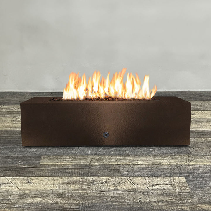 Front view of 60" x 32" Rectangle Gravity Powder Coated Steel Fire Pit - Propane Gas Hardline - Push Button Spark Ignition - Bronze Hammertone by Starfire Designs - Brown with flames on, featuring sleek modern concrete design and durable construction, perfect for outdoor patio spaces. Natural gas or propane compatible, enhancing warmth and ambiance. Lava rocks included for added aesthetic.
