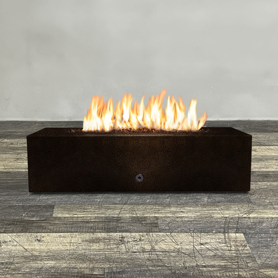 Front view of 60" x 32" Rectangle Gravity Powder Coated Steel Fire Pit - Natural Gas - Push Button Spark Ignition - Copper Vein by Starfire Designs - Brown with flames on, featuring sleek modern concrete design and durable construction, perfect for outdoor patio spaces. Natural gas or propane compatible, enhancing warmth and ambiance. Lava rocks included for added aesthetic.