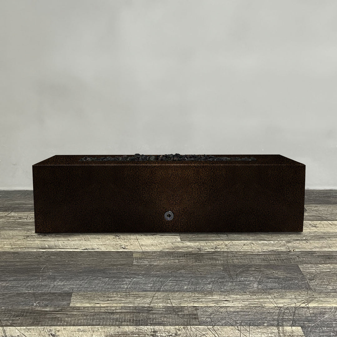 A side view of the 60" x 32" Rectangle Gravity Powder Coated Steel Fire Pit - Natural Gas - Push Button Spark Ignition - Copper Vein by Starfire Designs - perfect for outdoor patio spaces. Natural gas or propane compatible, enhancing warmth and ambiance. Lava rocks included for added aesthetic.