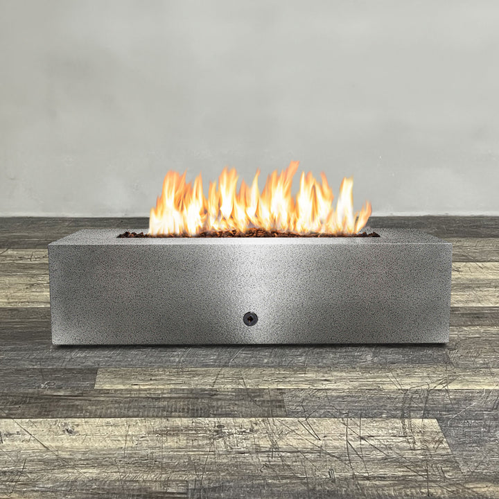 Front view of 60" x 32" Rectangle Gravity Powder Coated Steel Fire Pit - Natural Gas - Flame Sense with Spark Ignition System - Silver Hammertone by Starfire Designs - Brown with flames on, featuring sleek modern concrete design and durable construction, perfect for outdoor patio spaces. Natural gas or propane compatible, enhancing warmth and ambiance. Lava rocks included for added aesthetic.