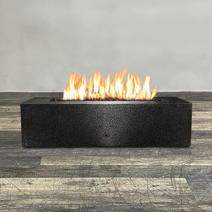 Front view of 60" x 32" Rectangle Gravity Powder Coated Steel Fire Pit - Propane Gas Hardline - Push Button Spark Ignition - Silver Vein by Starfire Designs - Brown with flames on, featuring sleek modern concrete design and durable construction, perfect for outdoor patio spaces. Natural gas or propane compatible, enhancing warmth and ambiance. Lava rocks included for added aesthetic.