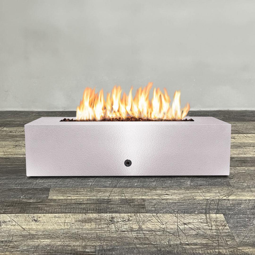 Front view of 60" x 32" Rectangle Gravity Powder Coated Steel Fire Pit - Natural Gas - Flame Sense with Spark Ignition System - White Hammertone by Starfire Designs - Brown with flames on, featuring sleek modern concrete design and durable construction, perfect for outdoor patio spaces. Natural gas or propane compatible, enhancing warmth and ambiance. Lava rocks included for added aesthetic.