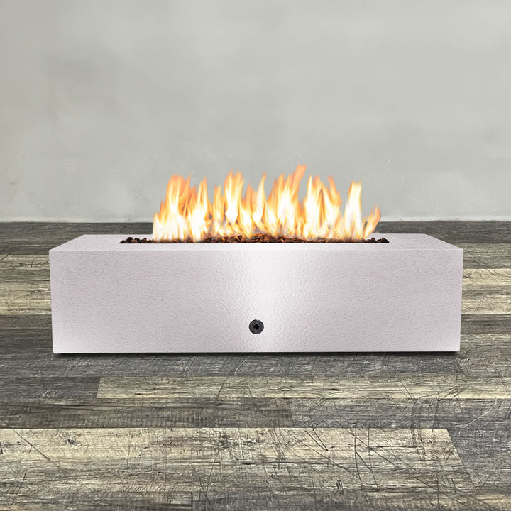 Front view of 60" x 32" Rectangle Gravity Powder Coated Steel Fire Pit - Natural Gas - Flame Sense with Spark Ignition System - White Hammertone by Starfire Designs - Brown with flames on, featuring sleek modern concrete design and durable construction, perfect for outdoor patio spaces. Natural gas or propane compatible, enhancing warmth and ambiance. Lava rocks included for added aesthetic.