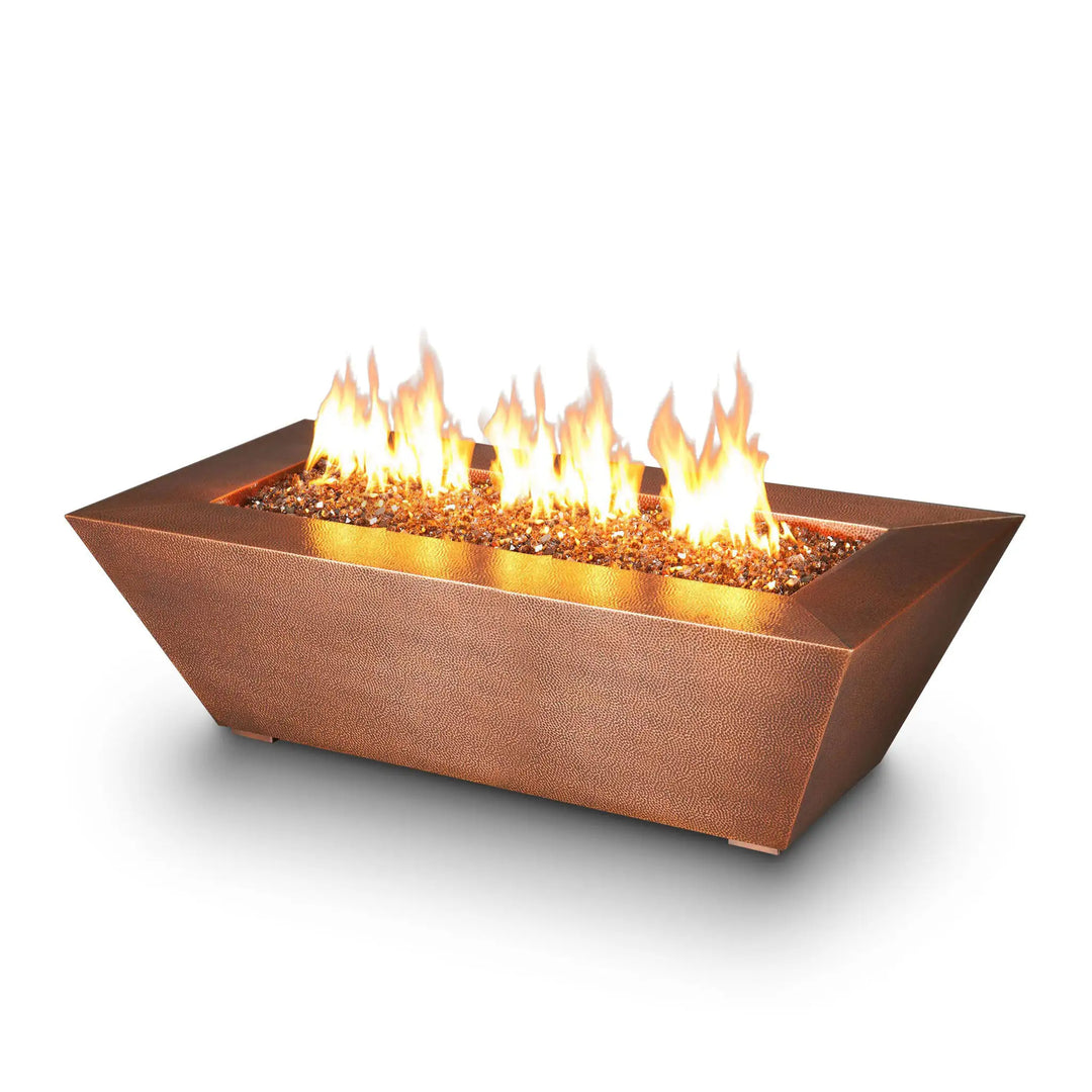 60" x 32" Copper Canyon gas fire pit by Starfire Designs, featuring golden fire glass and a hammered copper finish, perfect for luxury outdoor fire pit setups