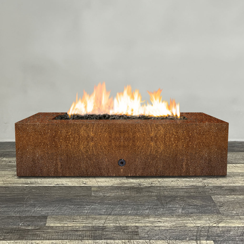 Front view of 60" x 32" Rectangle Gravity Corten Steel Fire Pit by Starfire Designs - Brown with flames on, featuring sleek modern design and durable construction, perfect for outdoor patio spaces. Natural gas or propane compatible, enhancing warmth and ambiance. Lava rocks included for added aesthetic.