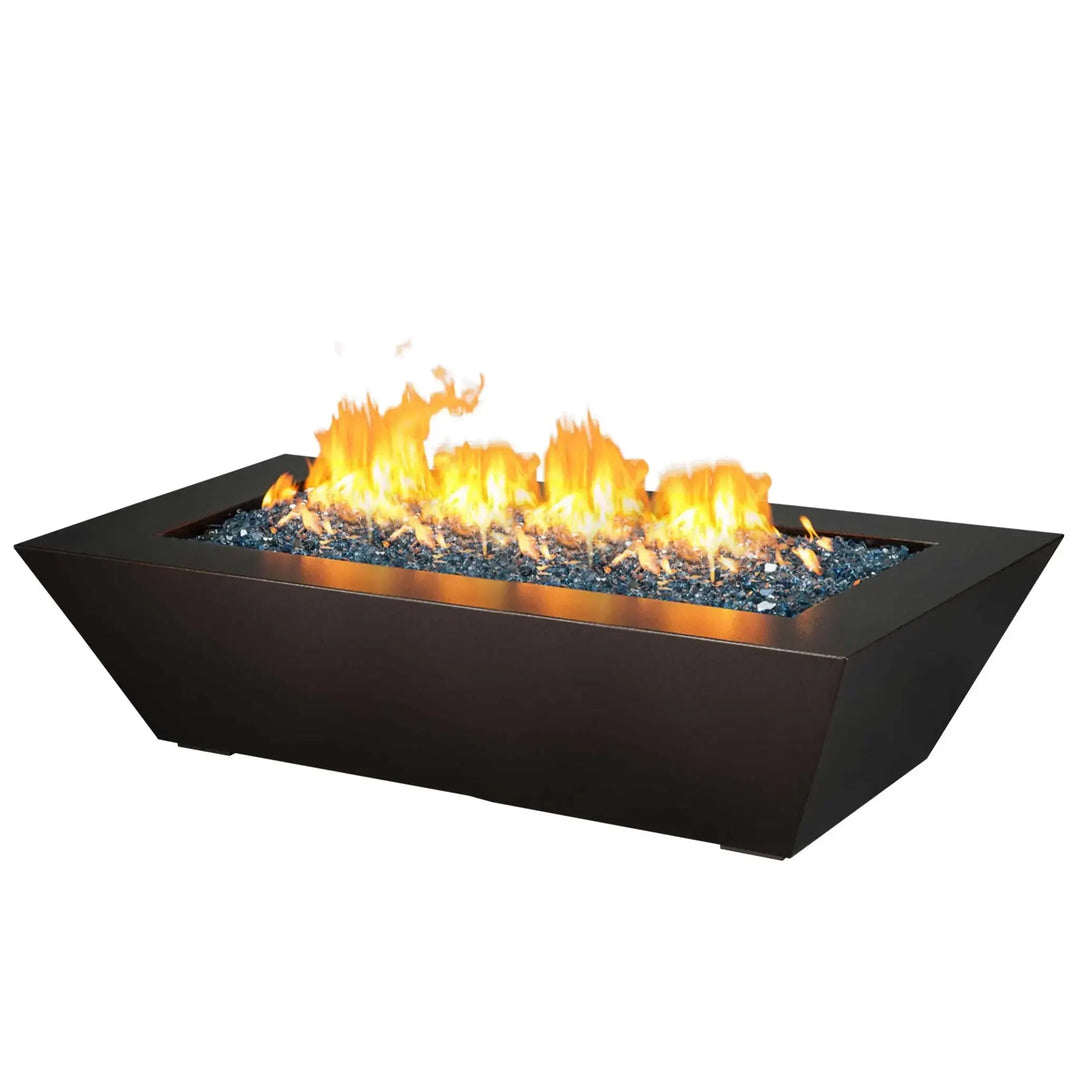 Rectangular modern fire pit filled with blue fire glass and emitting bright flames, set against a plain white background