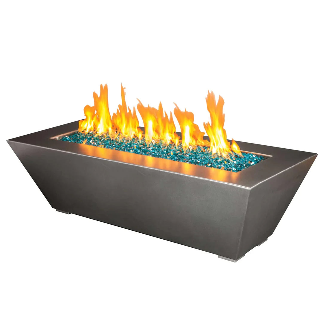 Rectangular fire pit filled with blue fire glass, showcasing a vibrant and blazing fire for a modern outdoor setting