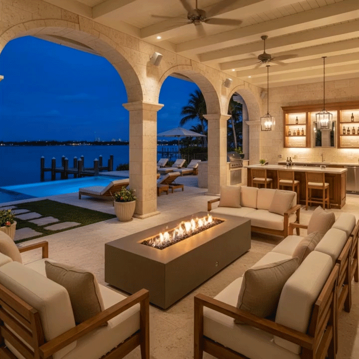 A grand covered patio features stone arches framing a view of a bay at twilight. A large U-shaped seating area surrounds a brown luxury fire pit, creating a sophisticated outdoor entertaining space. The fire table serves as the focal point, providing warmth and light for this expansive family gathering fire pit arrangement next to an outdoor kitchen and pool.