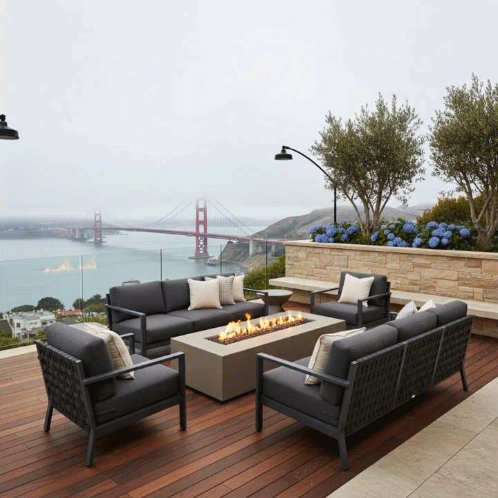 A brown modern fire pit sits on a hillside deck overlooking the Golden Gate Bridge and ocean on a misty day. Surrounded by dark grey sofas and hydrangeas, the outdoor fire pit anchors the seating area. The bright flames of the gas fire pit add warmth and contrast to the cool, foggy backdrop, serving as a striking fire feature in a scenic location.
