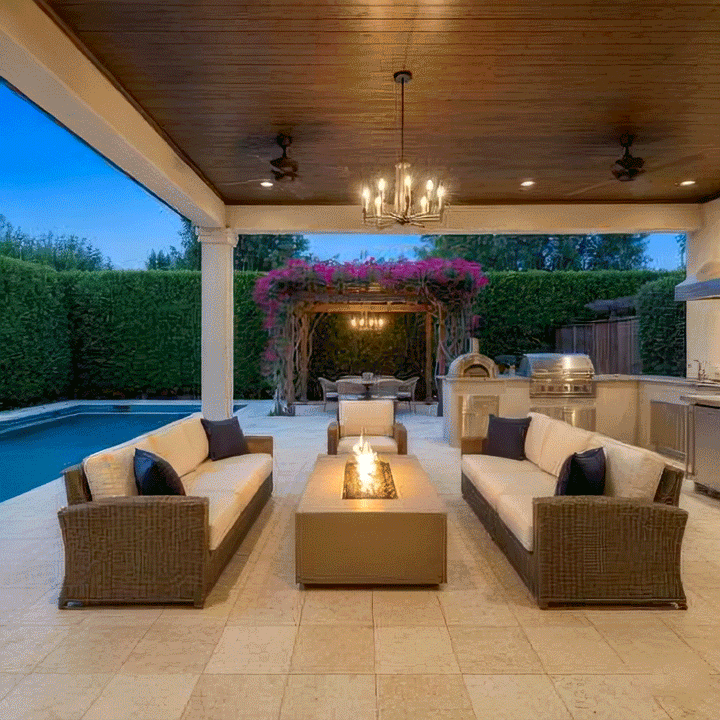 A covered poolside cabana features a brown patio fire pit surrounded by wicker sofas and armchairs. The setting overlooks a swimming pool and bougainvillea-covered pergola, creating a luxurious backyard oasis. The clean-burning flames of the smokeless fire pit provide ambiance for the outdoor living room, utilizing a propane fire pit setup for convenience.