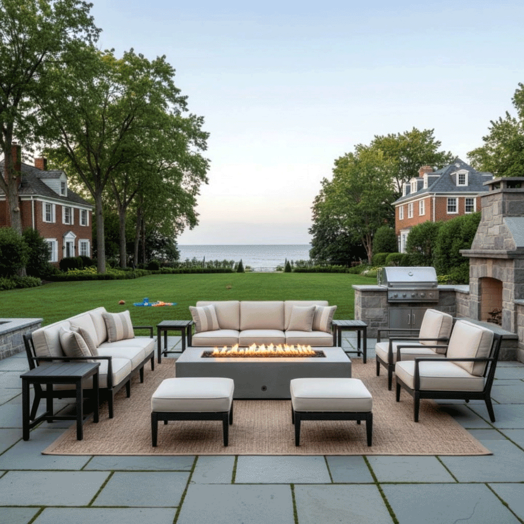 A spacious flagstone patio features a gray luxury fire pit surrounded by cushioned armchairs and sofas. The setting overlooks a manicured lawn and ocean horizon at twilight, creating an elegant outdoor entertaining area. The warm glow of the propane fire pit anchors the seating arrangement, serving as a sophisticated patio fire pit centerpiece for the coastal estate.