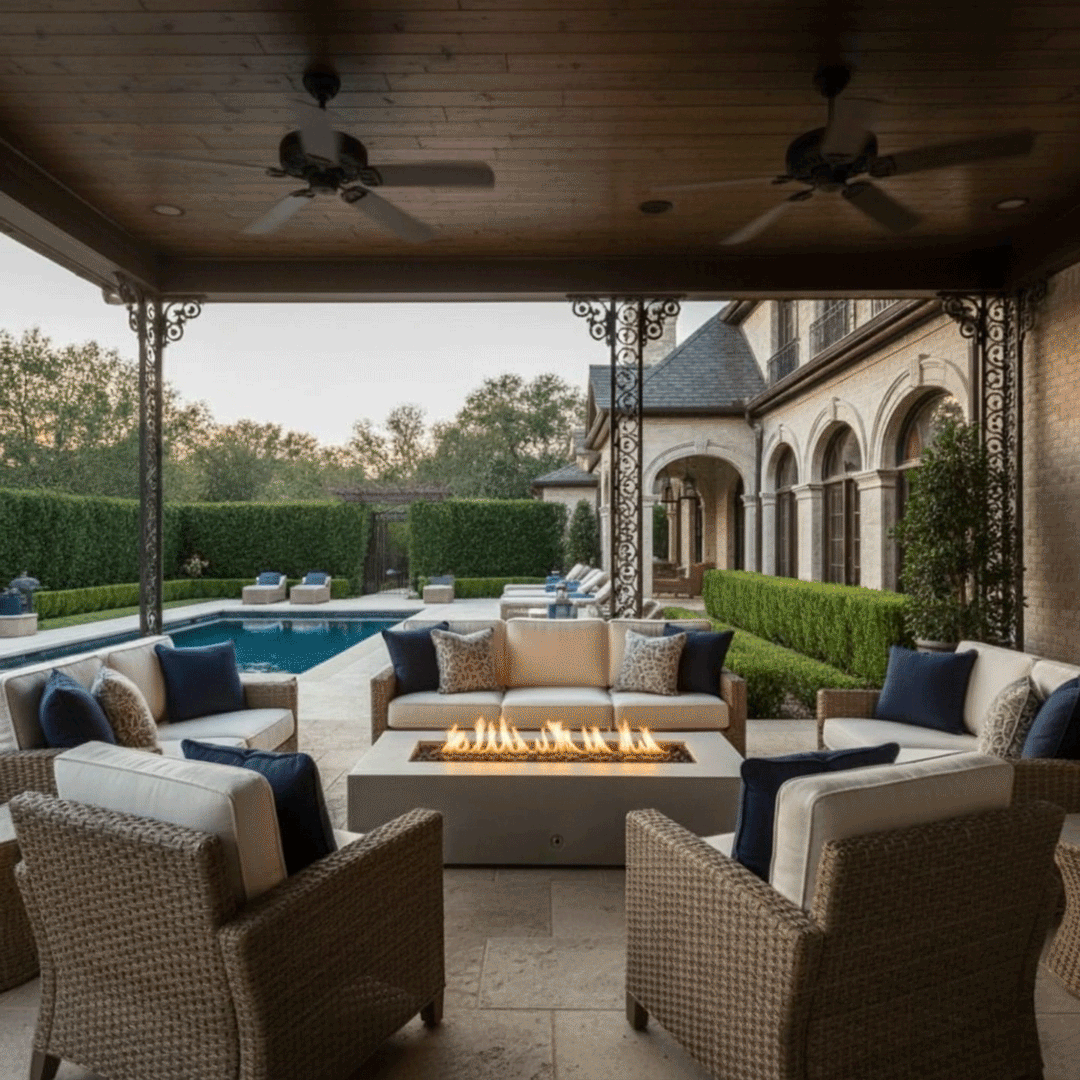 A covered poolside veranda features a gray fire table positioned between large wicker sofas. The setting overlooks a swimming pool and lush hedges, creating a private backyard oasis. The steady flames provide warmth and ambiance, making it the perfect family gathering fire pit area within a sheltered outdoor living space.