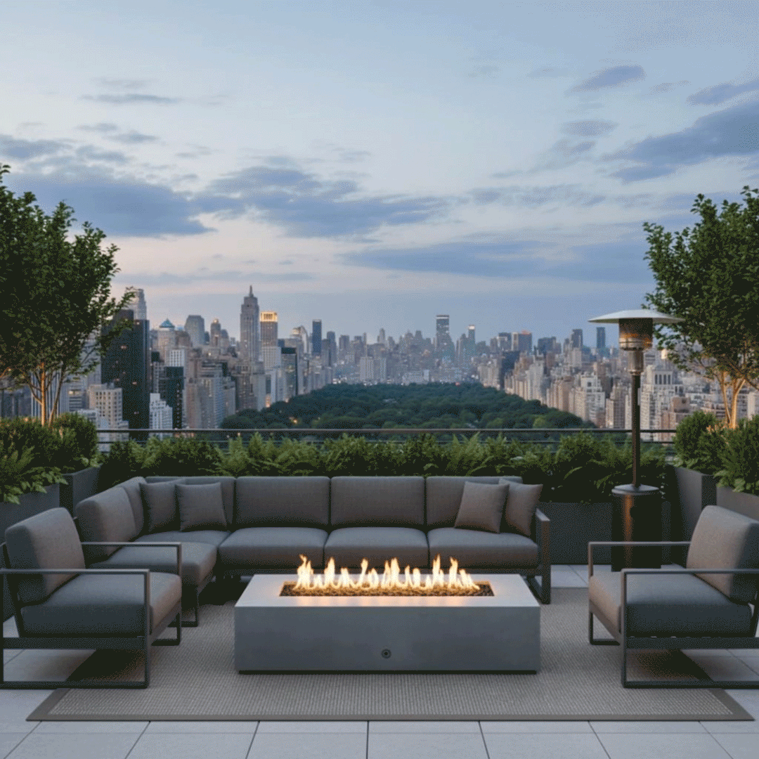 A gray modern fire pit sits on a rooftop terrace overlooking Central Park and the Manhattan skyline at dusk. Surrounded by a large sectional sofa and planters, the rooftop fire pit emits a bright, clean flame. This setup illustrates the benefits of a smokeless fire pit in an urban environment, where the gas fire pit provides warmth and style against a panoramic city backdrop.