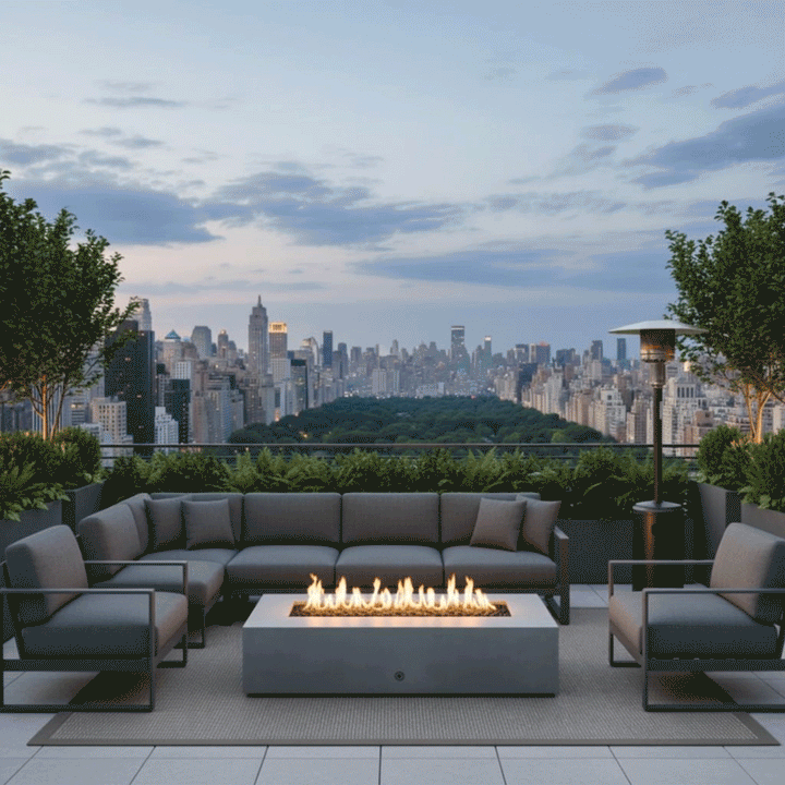 A gray modern fire pit sits on a rooftop terrace overlooking Central Park and the Manhattan skyline at dusk. Surrounded by a large sectional sofa and planters, the rooftop fire pit emits a bright, clean flame. This setup illustrates the benefits of a smokeless fire pit in an urban environment, where the gas fire pit provides warmth and style against a panoramic city backdrop.