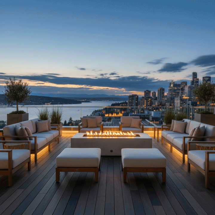 A white luxury fire pit sits on a spacious rooftop deck overlooking a bay and city skyline at twilight. Surrounded by two large sofas, the rooftop fire pit creates a warm and inviting atmosphere for outdoor entertaining. The steady flames of the fire table reflect on the wooden deck, enhancing the sophisticated urban setting.