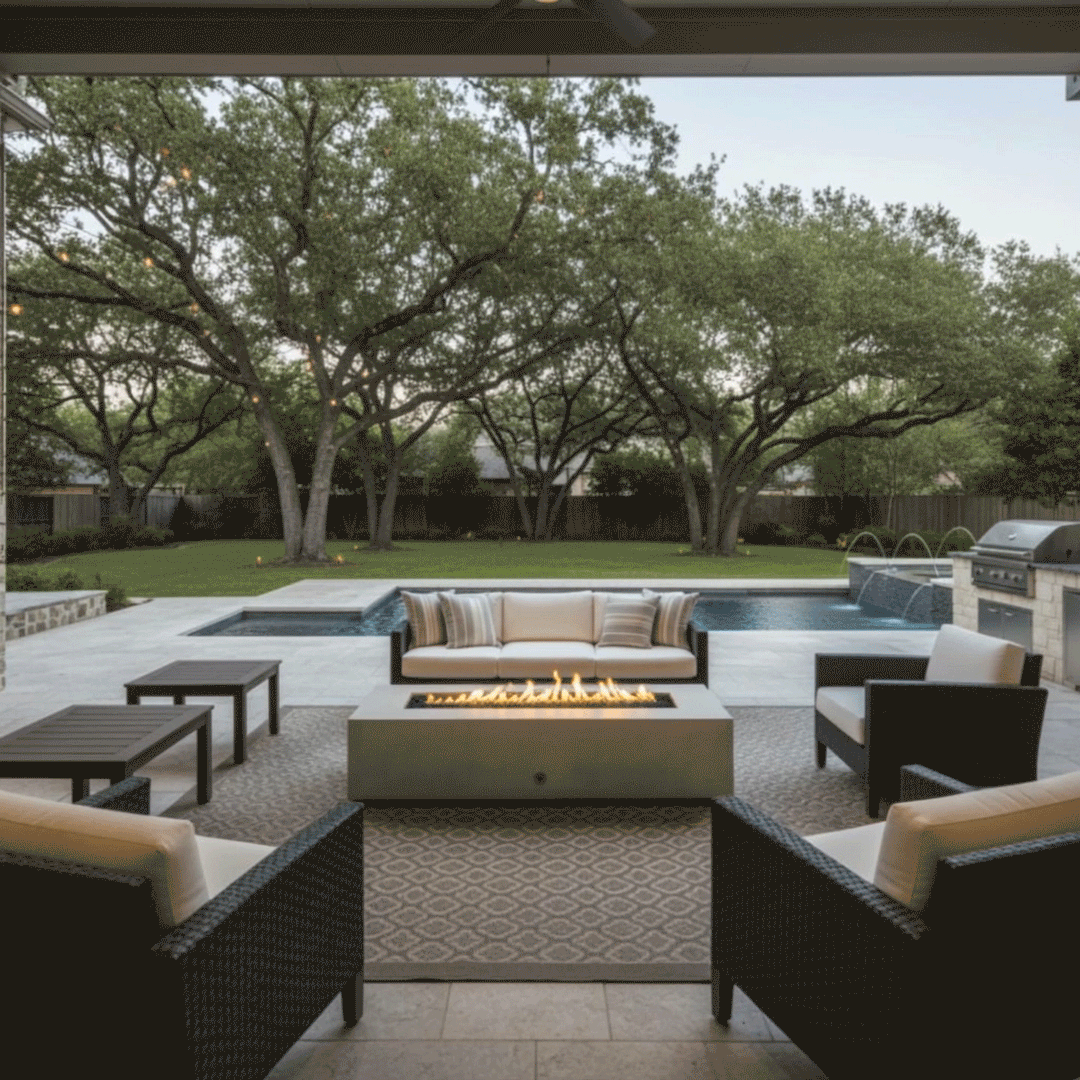 A covered patio features a white gas fire pit positioned between a sofa and armchairs. The setting overlooks a backyard swimming pool and mature trees, creating a private backyard oasis. The warm glow of the fire provides ambiance for a family gathering fire pit area, seamlessly integrating with the outdoor living space.