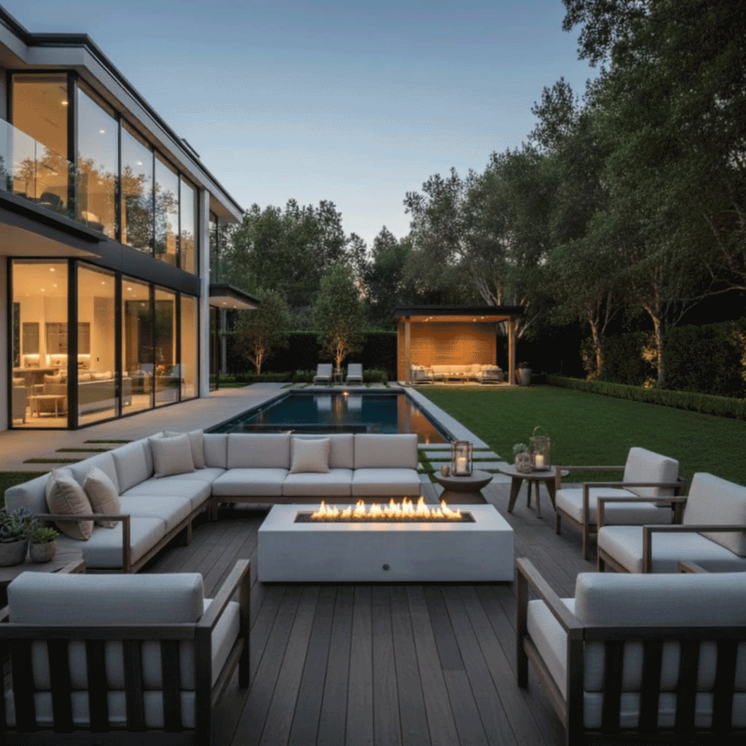 A white modern fire pit sits on a wooden deck in the backyard of a contemporary glass-walled home. Surrounded by a large sectional sofa and armchairs, the patio fire pit anchors the outdoor lounge area next to a lap pool. The clean-burning flames of the smokeless fire pit provide warmth and style, utilizing a propane fire pit connection for a sleek, cord-free look.
