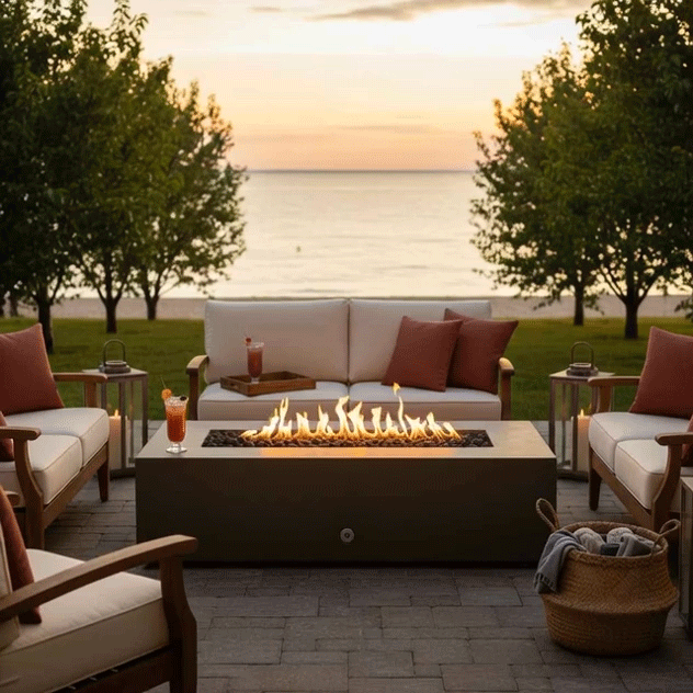 On a paved terrace facing a grassy lawn and calm lake at sunset, a taupe concrete fire pit burns with a long ribbon of flame between cushioned wood-framed loveseats and armchairs accented with rust-colored pillows, lanterns and iced drinks resting on small tables, creating an outdoor fire pit that feels like a cozy backyard fire pit and relaxed space for outdoor entertaining as the sky softens to orange and pink.
