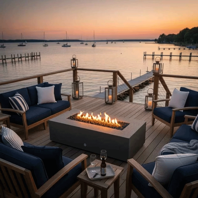 A brown rectangular concrete fire pit glows at the center of a lakeside deck framed by wood railings and lanterns, its linear flame rising above dark stones while navy cushioned chairs and a sofa circle the hearth, a long dock and sailboats floating on still water beyond, presenting an outdoor fire pit that serves as a modern rectangular fire pit and welcoming backyard oasis for sunset outdoor entertaining by the shore.