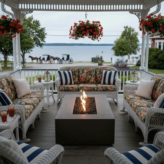 On a covered porch with ornate trim overlooking a quiet waterfront street and distant lake, a taupe concrete fire pit burns gently between white wicker loveseats and chairs upholstered in floral cushions with striped pillows, hanging baskets and lanterns scattered around, depicting a patio fire pit that acts as a cozy backyard fire pit and intimate family gathering fire pit where people can linger with iced tea while horse-drawn carriages pass outside.