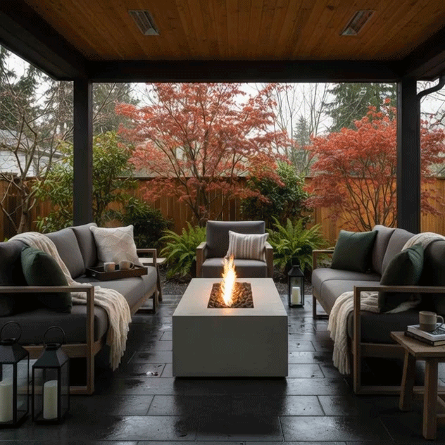 On a covered patio with a warm wood ceiling and slate tile floor, a compact gray concrete fire pit glows between two cushioned sofas and a matching armchair, its vertical flame dancing above dark stones while black lanterns, mugs, and blankets sit nearby, and red-leafed trees brighten the garden beyond, forming a patio fire pit that reads as a cozy backyard fire pit ideal for intimate outdoor entertaining on cool evenings.