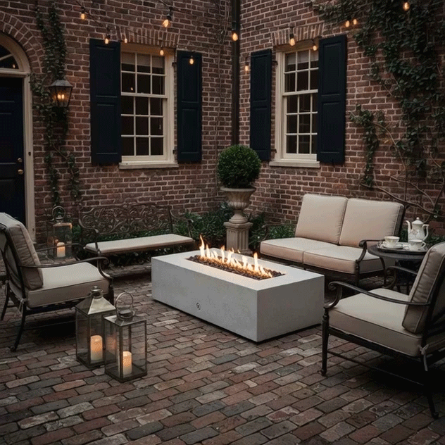 In a brick-walled courtyard between traditional windows with dark shutters, a white rectangular concrete fire pit glows on weathered herringbone pavers, its line of flames rising above lava rocks while cushioned metal chairs and a small sofa surround it, string lights and lanterns adding extra sparkle, creating a patio fire pit that turns the enclosed space into a cozy backyard fire pit for relaxed outdoor entertaining.