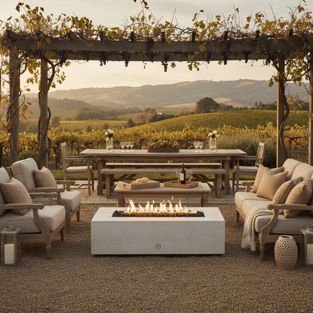 Under a wooden pergola draped with late-season vines, a white concrete fire pit burns at the center of gravel seating lined with soft neutral chairs and sofas, its rectangular opening filled with stones and a bright linear flame while a long farm table and rolling vineyard hills stretch out behind, forming an outdoor fire pit that serves as a low rectangular fire pit focal point in a relaxed, vineyard-style backyard oasis.
