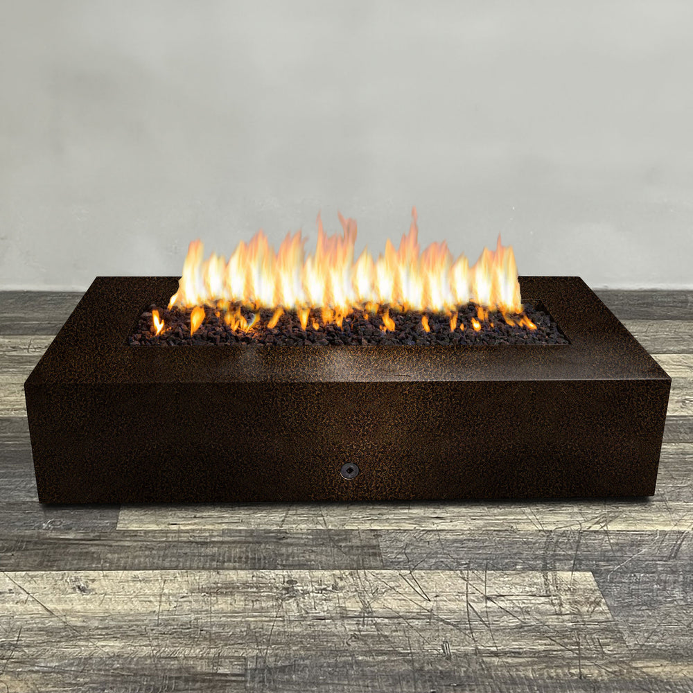 A side view of the 72" x 38" Rectangle Gravity Powder Coated Steel Fire Pit - Propane Gas Hardline - 110V CSA Hi/Lo Electronic Ignition System w/Bluetooth & Handheld Remote - Copper Vein by Starfire Designs - perfect for outdoor patio spaces. Natural gas or propane compatible, enhancing warmth and ambiance. Lava rocks included for added aesthetic.