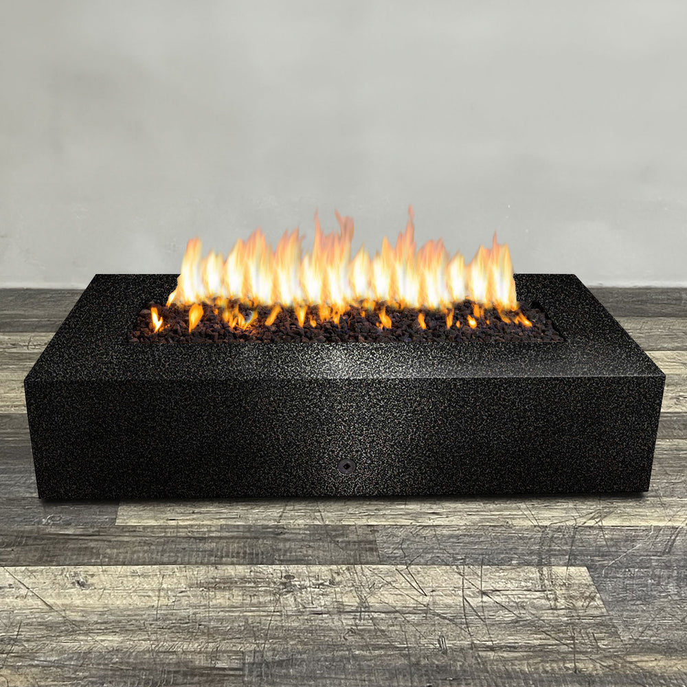 A side view of the 72" x 38" Rectangle Gravity Powder Coated Steel Fire Pit - Propane Gas Hardline - 110V CSA Hi/Lo Electronic Ignition System w/Bluetooth & Handheld Remote - Silver Vein by Starfire Designs - perfect for outdoor patio spaces. Natural gas or propane compatible, enhancing warmth and ambiance. Lava rocks included for added aesthetic.