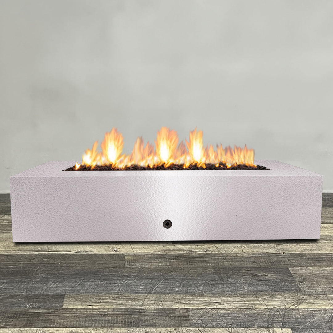 Front view of 72" x 38" Rectangle Gravity Powder Coated Steel Fire Pit - Natural Gas - 110V CSA On/Off Electronic Ignition System - White Hammertone by Starfire Designs - Brown with flames on, featuring sleek modern concrete design and durable construction, perfect for outdoor patio spaces. Natural gas or propane compatible, enhancing warmth and ambiance. Lava rocks included for added aesthetic.