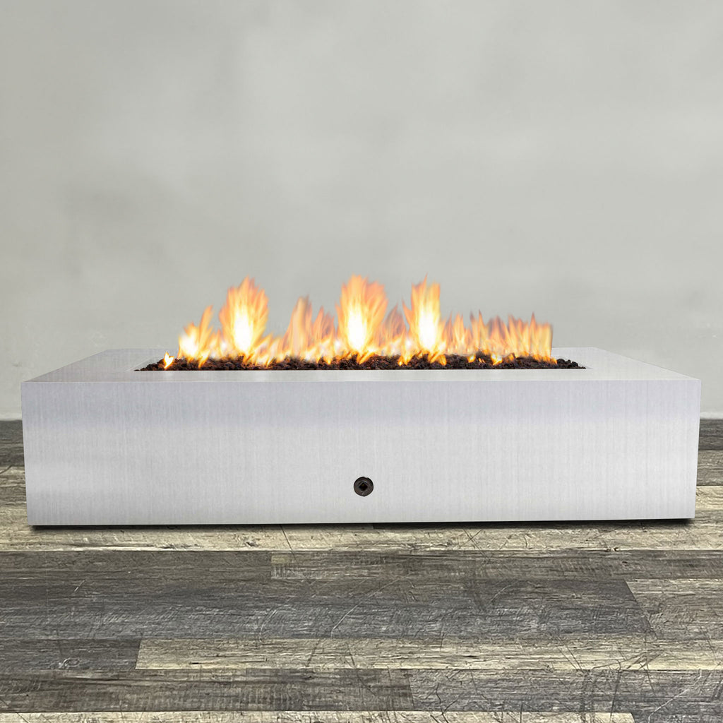 Front view of 72" x 38" Rectangle Gravity Stainless Steel Fire Pit - Natural Gas - Match Lit by Starfire Designs - Brown with flames on, featuring sleek modern  design and durable construction, perfect for outdoor patio spaces. Natural gas or propane compatible, enhancing warmth and ambiance. Lava rocks included for added aesthetic.