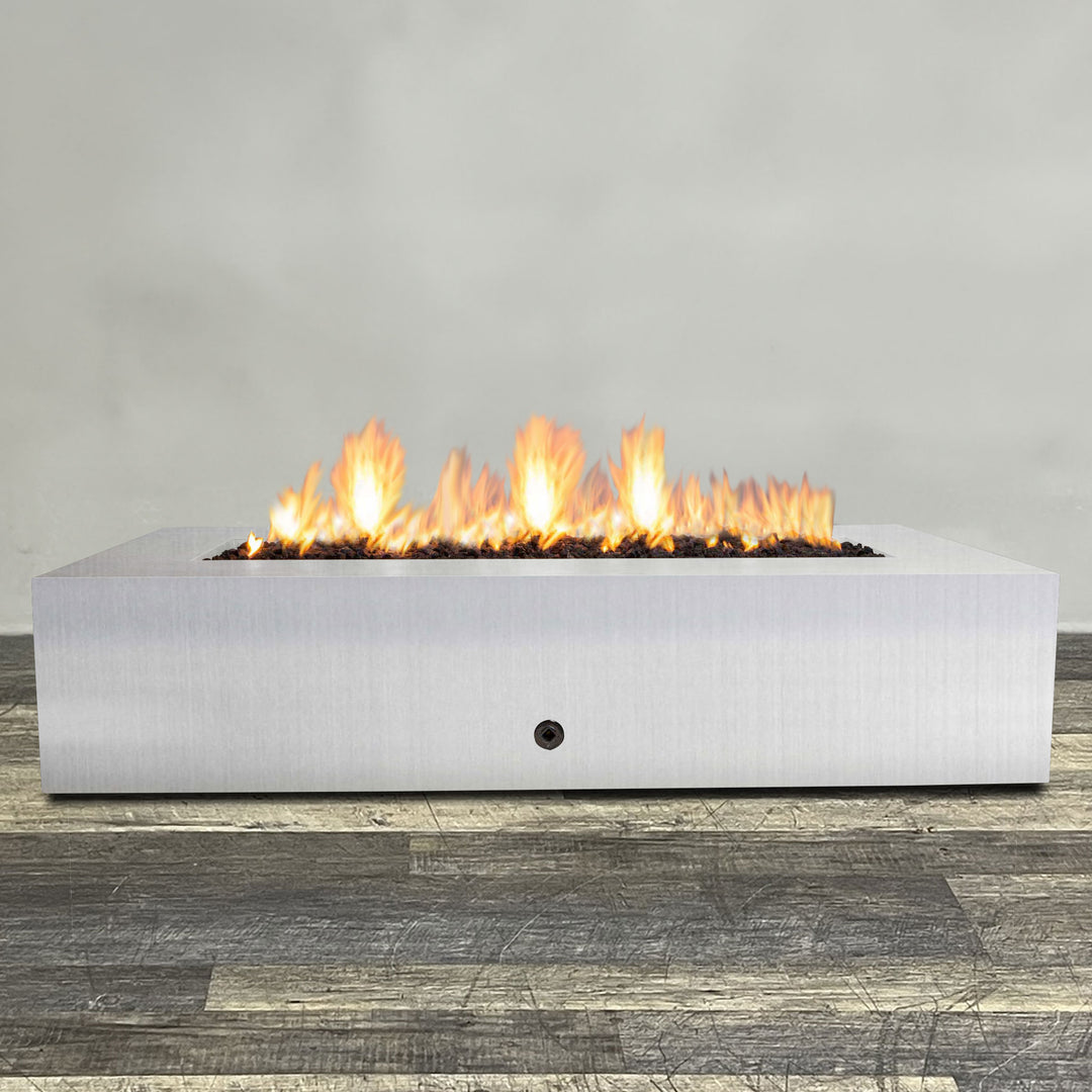 Front view of 72" x 38" Rectangle Gravity Stainless Steel Fire Pit - Natural Gas - Match Lit by Starfire Designs - Brown with flames on, featuring sleek modern  design and durable construction, perfect for outdoor patio spaces. Natural gas or propane compatible, enhancing warmth and ambiance. Lava rocks included for added aesthetic.