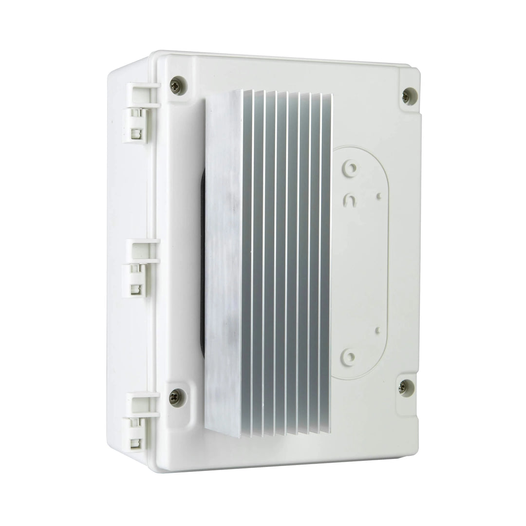 Front-angled view of the Bromic Affinity Smart-Heat Wireless Adjustable Dimmer Control (1-Channel) featuring its heavy-duty aluminum heat-sink fins and weather-resistant enclosure.