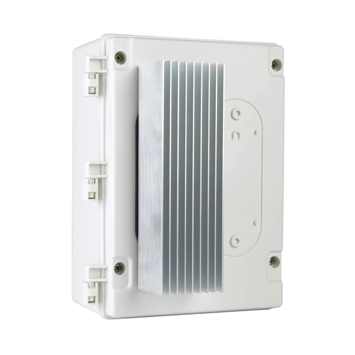 Front-angled view of the Bromic Affinity Smart-Heat Wireless Adjustable Dimmer Control (1-Channel) featuring its heavy-duty aluminum heat-sink fins and weather-resistant enclosure.
