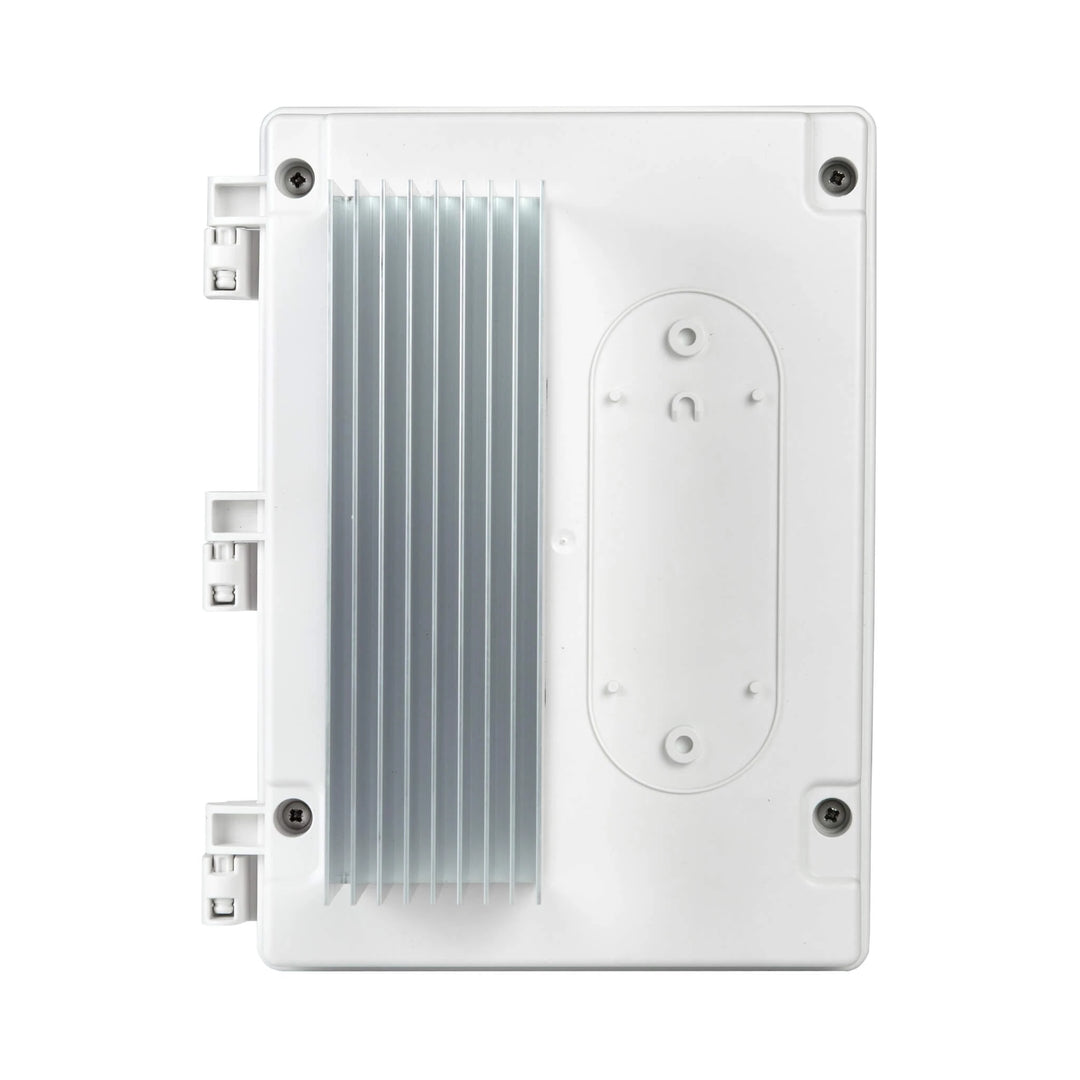 Straight-on view of the Bromic 1-Channel Smart-Heat Wireless Dimmer Control, featuring tall aluminum heat-sink fins for efficient temperature management.