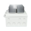 “Close-up downward view of the Bromic 2-Channel Smart-Heat Dimmer Control showcasing the heavy-duty aluminum cooling fins and durable weatherproof construction.”