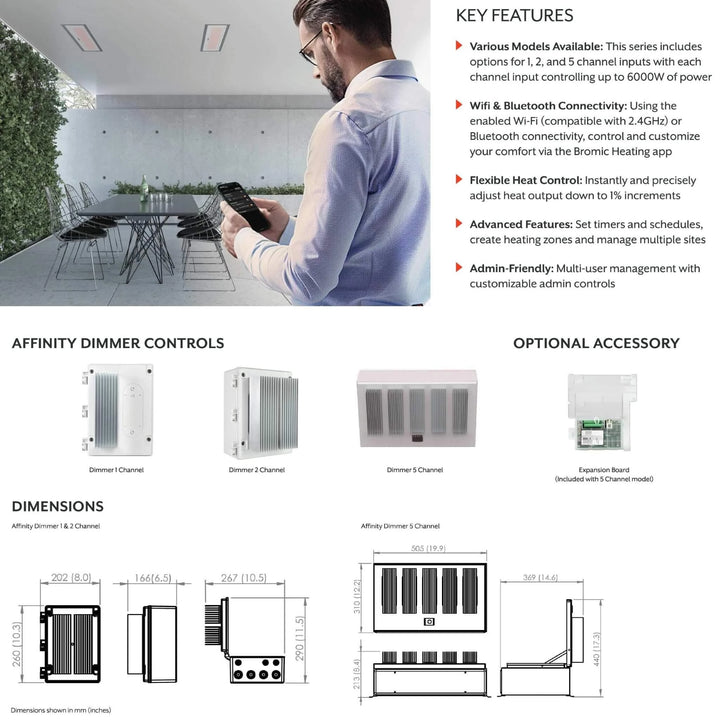 Bromic Affinity Smart-Heat Dimmer overview page showing product features, dimensions, controller options, and mounting guidelines for 1-, 2-, and 5-channel heater dimmers.