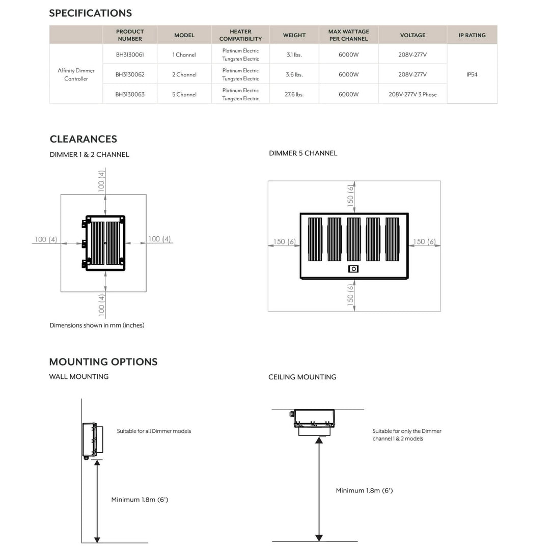 Technical specification sheet for Bromic Affinity Smart-Heat Dimmer Controllers, including compatibility details, wattage ratings, required clearances, and installation mounting options.