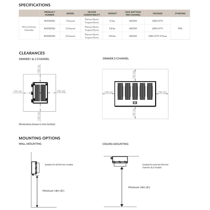 Technical specification sheet for Bromic Affinity Smart-Heat Dimmer Controllers, including compatibility details, wattage ratings, required clearances, and installation mounting options.