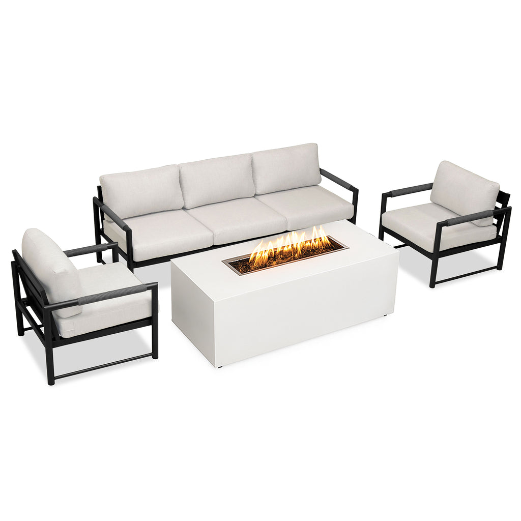 4 Piece Alto Bundle (2) Club Chair (1) Sofa (1) 72" x 28" Rectangle Beton Concrete Gas Fire Pit with Hidden Propane Tank - White by Outova Reserve