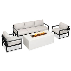 4 Piece Alto Bundle (2) Club Chair (1) Sofa (1) 72" x 28" Rectangle Beton Concrete Gas Fire Pit with Hidden Propane Tank - White by Outova Reserve